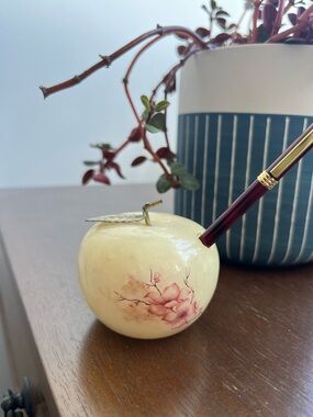 Vintage Genuine Alabaster Apple Penholder Hand Carved Made In Italy
